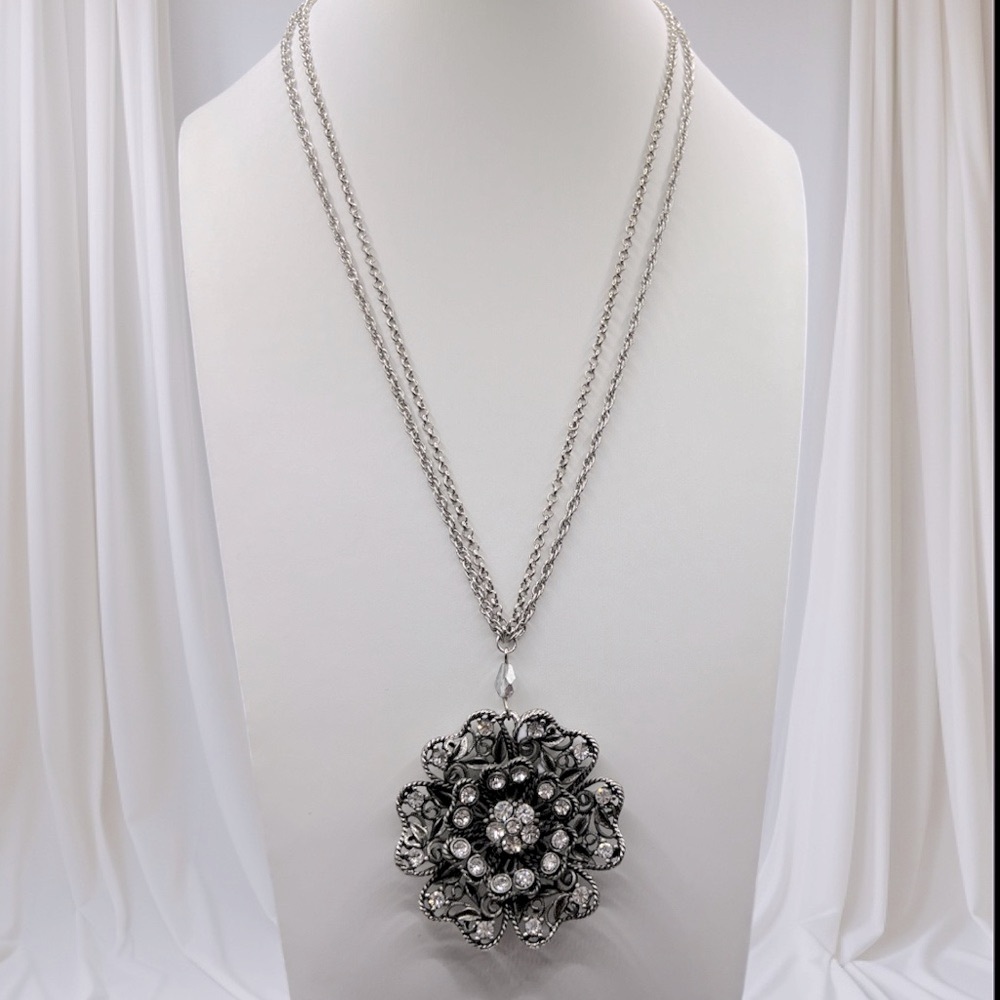 WHBM Silver Floral Rhinestone Pendant Necklace